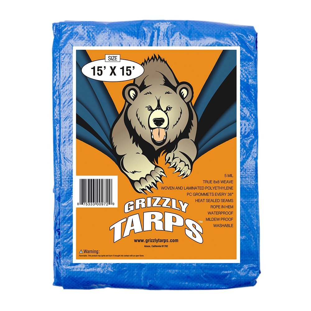 Grizzly Tarps 15 x 15 Feet Blue Multi Purpose Waterproof Poly Tarp Cover